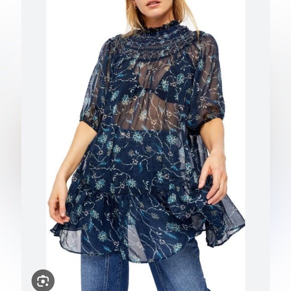 free people keeping up with kara *BLUE** boho flowy oversized dress tunic - Picture 3 of 10
